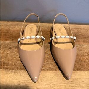 Stuart Weitzman Blush Patent Pointed Slingback Flats with Pearl Strap
